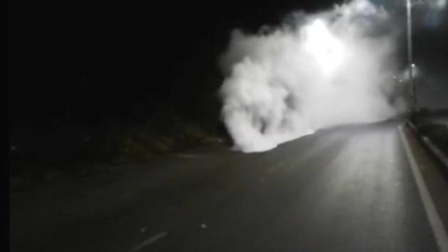 A tanker carrying ammonia overturned in Goa on Thursday. (ANI Photo) A tanker carrying ammonia overturned in Goa on Thursday. (ANI Photo)