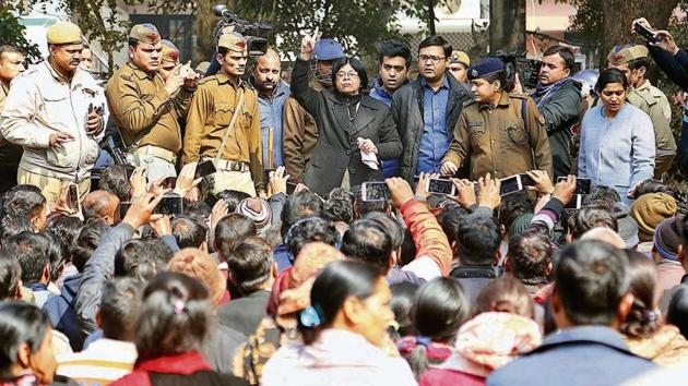 The school management addressing parents and assuring them of children’s safety on the campus. (HT) The school management addressing parents and assuring them of children’s safety on the campus. (HT)