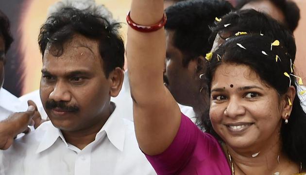 DMK leader and Former Union Minister A Raja and his party colleague and Rajya Sabha MP Kanimozhi being welcomed following their acquittal in 2G Telecom case by a special court upon their arrival at the airport in Chennai, on December 23. 2017. (PTI) DMK leader and Former Union Minister A Raja and his party colleague and Rajya Sabha MP Kanimozhi being welcomed following their acquittal in 2G Telecom case by a special court upon their arrival at the airport in Chennai, on December 23. 2017. (PTI)