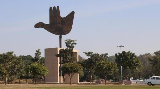 OPEN HAND MONUMENT is a symbolic structure designed by the architect Le Corbusier and is located at the Capitol Complex. (Sanjeev Sharma/HT )