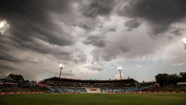 Dark clouds are seen above the cricket field during the third day of the second test cricket match between South Africa and India at Supersport cricket ground in Centurion, South Africa on January 15, 2018. (Gianluigi Guercia / AFP) Dark clouds are seen above the cricket field during the third day of the second test cricket match between South Africa and India at Supersport cricket ground in Centurion, South Africa on January 15, 2018. (Gianluigi Guercia / AFP)