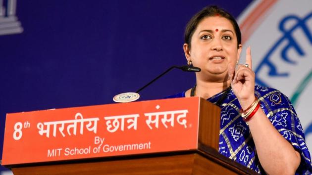 Union minister of information and broadcasting Smriti Irani at the 8th Bharatiya Chatra Sansad held at MIT- WPU Kothrud campus in Pune on Friday. (Sanket Wankhade/HT PHOTO) Union minister of information and broadcasting Smriti Irani at the 8th Bharatiya Chatra Sansad held at MIT- WPU Kothrud campus in Pune on Friday. (Sanket Wankhade/HT PHOTO)
