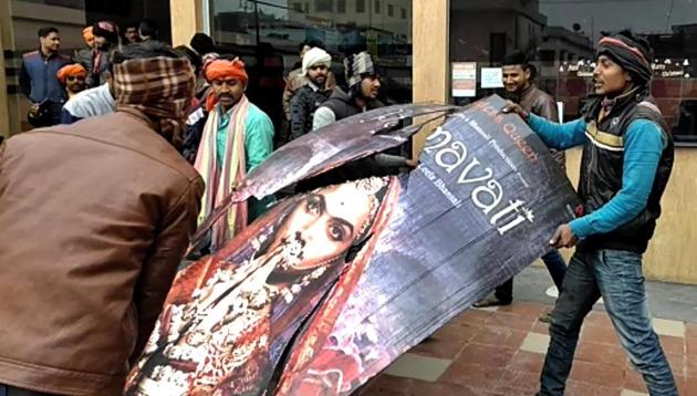Karani Sena members protest against Sanjay Leela Bhansali film 'Padmaavat' near Jyoti Cinema Hall in Muzaffarpur on Thursday. (PTI) Karani Sena members protest against Sanjay Leela Bhansali film 'Padmaavat' near Jyoti Cinema Hall in Muzaffarpur on Thursday. (PTI)