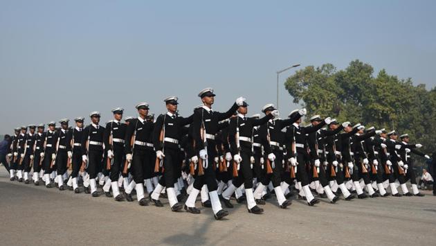 Indian Navy contingents march during rehearsals for Republic Day parade at Rajpath in New Delhi on January 18, 2018. (Sonu Mehta / HT Photo) Indian Navy contingents march during rehearsals for Republic Day parade at Rajpath in New Delhi on January 18, 2018. (Sonu Mehta / HT Photo)