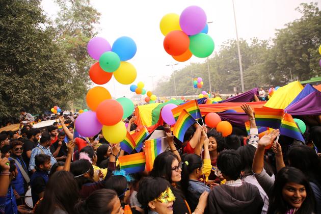 Members and supporters of LGBT (Lesbians, gays, bisexuals and transgender groups) groupsduring Delhi’s 10th queer Pride march in New Delhi in November 2017.(HT File Photo)