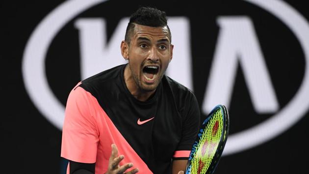 Nick Kyrgios reacts during his men's singles third round match against France's Jo-Wilfried Tsonga on day five of the Australian Open tennis tournament in Melbourne.(AFP)