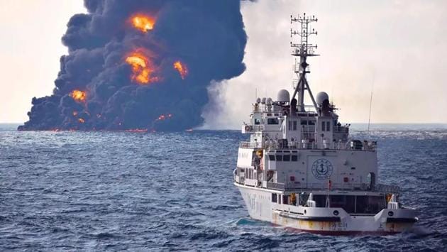 A handout from the Transport Ministry of China shows smoke and flames rising from the burning oil tanker ‘Sanchi’ off the coast of eastern China. An Iranian official said on January 14, 2018 that there was no chance of any crew members having survived. (AFP) A handout from the Transport Ministry of China shows smoke and flames rising from the burning oil tanker ‘Sanchi’ off the coast of eastern China. An Iranian official said on January 14, 2018 that there was no chance of any crew members having survived. (AFP)