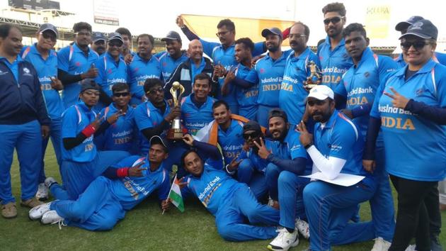 The victorious Indian cricket team after defeating Pakistan in the Blind Cricket World Cup final in Sharjah on Saturday.(Twitter)