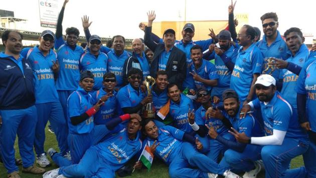 The victorious Indian cricket team after defeating Pakistan in the Blind Cricket World Cup final in Sharjah on Saturday. (Twitter)
