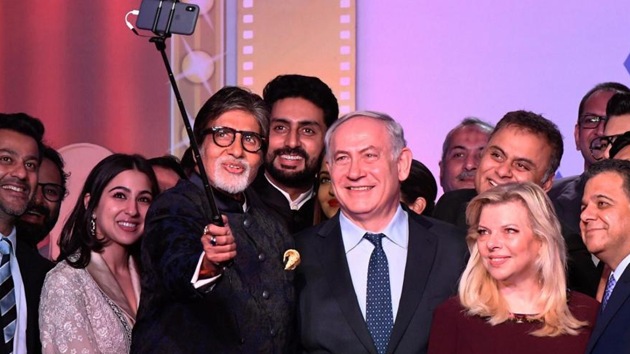 Amitabh Bachchan takes a selfie with Israeli Prime Minister Benjamin Netanyahu and other Bollywood personalities during ‘Shalom Bollywood’, an evening to celebrate Israeli and Indian Bollywood relations during his visit in Mumbai on Thursday.(PTI Photo) Amitabh Bachchan takes a selfie with Israeli Prime Minister Benjamin Netanyahu and other Bollywood personalities during ‘Shalom Bollywood’, an evening to celebrate Israeli and Indian Bollywood relations during his visit in Mumbai on Thursday.(PTI Photo)