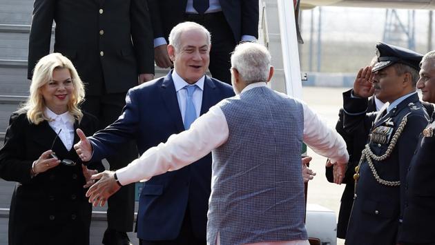 PM Narendra Modi welcomes the Prime Minister of Israel, Benjamin Netanyahu, on his arrival at Air Force Station Palam, in New Delhi on January 14, 2018. (Arvind Yadav / HT Photo) PM Narendra Modi welcomes the Prime Minister of Israel, Benjamin Netanyahu, on his arrival at Air Force Station Palam, in New Delhi on January 14, 2018. (Arvind Yadav / HT Photo)