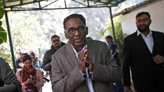 Justice J Chelameswar gestures as he leaves after the news conference in New Delhi.(Reuters Photo)