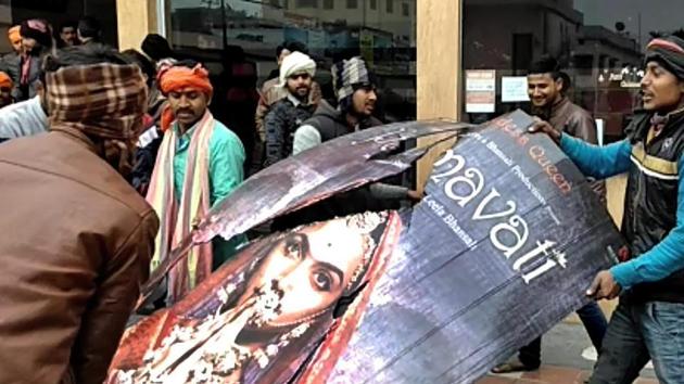 Muzaffarpur: Karni Sena members protest against Sanjay Leela Bhansali's film Padmaavat near Jyoti Cinema Hall in Muzaffarpur. (PTI) Muzaffarpur: Karni Sena members protest against Sanjay Leela Bhansali's film Padmaavat near Jyoti Cinema Hall in Muzaffarpur. (PTI)
