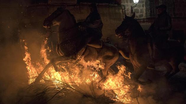 Horsemen jump over a bonfire in the village of San Bartolome de Pinares in the province of Avila in central Spain, during the opening of the Luminarias festival in honour of San Antonio Abad (Saint Anthony), patron saint of animals, on January 16. (Gabriel Bouys / AFP) Horsemen jump over a bonfire in the village of San Bartolome de Pinares in the province of Avila in central Spain, during the opening of the Luminarias festival in honour of San Antonio Abad (Saint Anthony), patron saint of animals, on January 16. (Gabriel Bouys / AFP)
