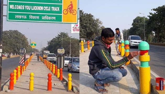 A combination photo shows the border pillars of cycle tracks first painted saffron and yellow and then re-painted to their original colours green-red-yellow. (Pankaj Jaiswal/HT Photo) A combination photo shows the border pillars of cycle tracks first painted saffron and yellow and then re-painted to their original colours green-red-yellow. (Pankaj Jaiswal/HT Photo)