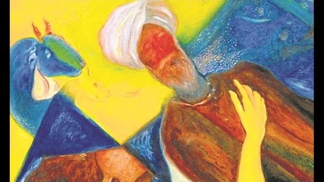 Malkit Singh’s painting of a villager and a goat. Malkit Singh’s painting of a villager and a goat.