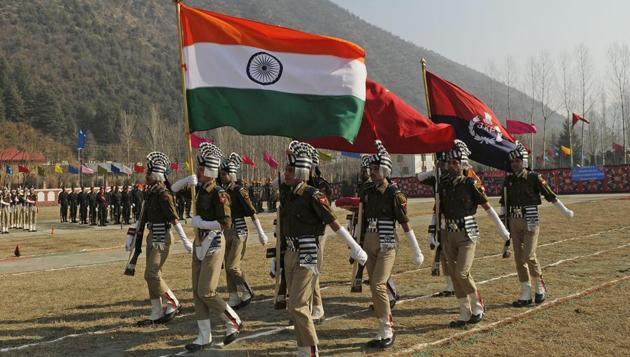 Fresh batch of Jammu and Kashmir Police carry the Tricolour as they take part in their passing out parade at a training centre in Baramulla. (Waseem Andrabi /HT) Fresh batch of Jammu and Kashmir Police carry the Tricolour as they take part in their passing out parade at a training centre in Baramulla. (Waseem Andrabi /HT)