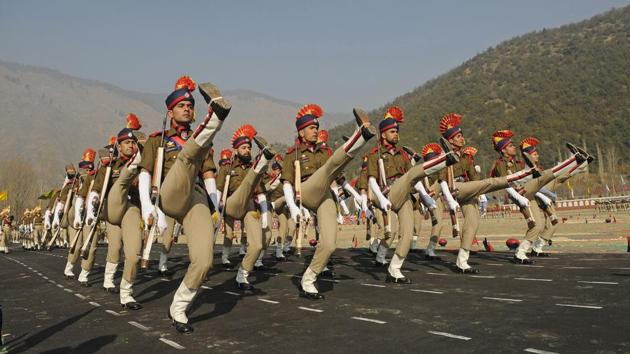 New recruits of the Jammu and Kashmir Police during their passing out parade ceremony at a training centre in Baramulla district. (Waseem Andrabi /HT) New recruits of the Jammu and Kashmir Police during their passing out parade ceremony at a training centre in Baramulla district. (Waseem Andrabi /HT)