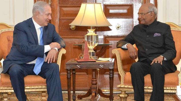 President of India Ram Nath Kovind (right) and Israeli Prime Minister Benjamin Netanyahu at the Rashtrapati Bhavan in New Delhi. (AFP) President of India Ram Nath Kovind (right) and Israeli Prime Minister Benjamin Netanyahu at the Rashtrapati Bhavan in New Delhi. (AFP)