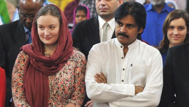 Actor and Jana Sena party chief Pawan Kalyan, with his wife Anna Lezhneva in Hyderabad. (AFP) Actor and Jana Sena party chief Pawan Kalyan, with his wife Anna Lezhneva in Hyderabad. (AFP)