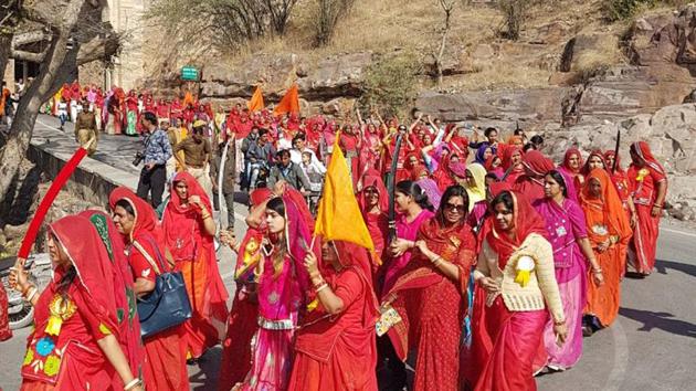 Rajput women take part in Swabhimaan rally in Chittorgarh to protest release of Padmaavat. (HT Photo)