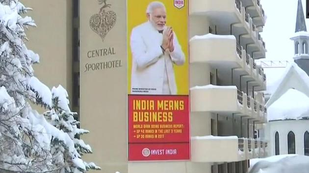Poster of PM Narendra Modi is seen in Davos ahead of the WEF summit.(ANI Photo)