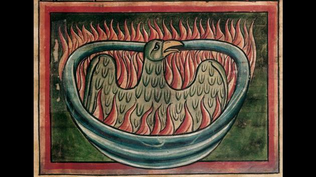 Detail of a phoenix rising from the ashes in a 13th-century bestiary. The 13th-century manuscript depicts a phoenix creating its own funeral pyre from branches and plants before being consumed by the fire. On day nine, it rises from the ashes, as does Albus Dumbledore’s phoenix, Fawkes, in the Potter books. (British Library) Detail of a phoenix rising from the ashes in a 13th-century bestiary. The 13th-century manuscript depicts a phoenix creating its own funeral pyre from branches and plants before being consumed by the fire. On day nine, it rises from the ashes, as does Albus Dumbledore’s phoenix, Fawkes, in the Potter books. (British Library)