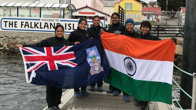 The boat is on its maiden voyage to circumnavigate the world. It is likely to depart Port Stanley on February 4. (Twitter/Indian Navy) The boat is on its maiden voyage to circumnavigate the world. It is likely to depart Port Stanley on February 4. (Twitter/Indian Navy)