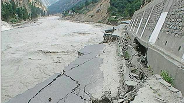 A damaged road due to the flood in the Sutlej in Kinnaur district in 2005. (Photo courtesy: HP government) A damaged road due to the flood in the Sutlej in Kinnaur district in 2005. (Photo courtesy: HP government)