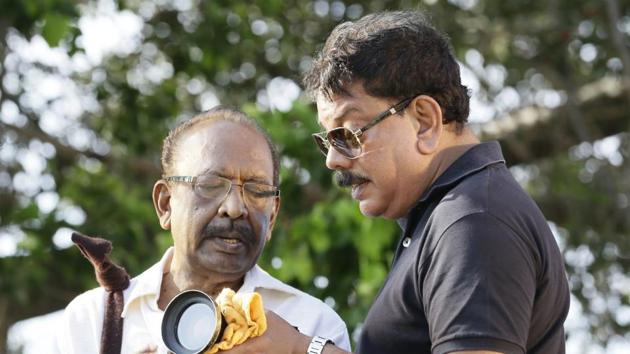 J Mahendran on the set of upcoming Tamil film Nimir with director Priyadarshan.