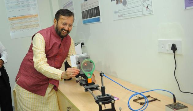 Human resource development minister Prakash Javadekar checking out facilities at the IIT Madras Research Park. (Sourced) Human resource development minister Prakash Javadekar checking out facilities at the IIT Madras Research Park. (Sourced)