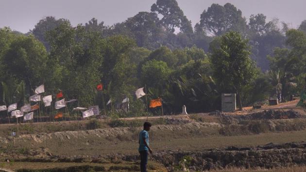 Flags are erected at a road construction site on the Bangladesh Myanmar border near Cox’s Bazar, Bangladesh, Monday. (AP Photo) Flags are erected at a road construction site on the Bangladesh Myanmar border near Cox’s Bazar, Bangladesh, Monday. (AP Photo)