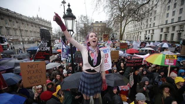 Protesters attend the Women's March in central London as part of a global day of protests. Hundreds of people gathered outside Downing Street in London to voice their frustration at sexual harassment, violence and discrimination against women. (Daniel Leal Olivas / AFP) Protesters attend the Women's March in central London as part of a global day of protests. Hundreds of people gathered outside Downing Street in London to voice their frustration at sexual harassment, violence and discrimination against women. (Daniel Leal Olivas / AFP)