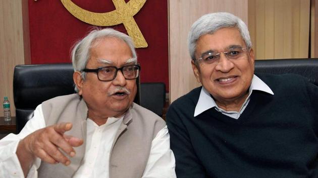Left Front chairman Biman Bose and former CPI(M) general secretary Prakash Karat during party's central committee meeting, in Kolkata. (PTI Photo) Left Front chairman Biman Bose and former CPI(M) general secretary Prakash Karat during party's central committee meeting, in Kolkata. (PTI Photo)