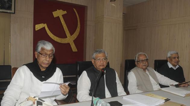 Chief minister of Tripura Manik Sarkar, Sitaram Yechury, Biman Bose and Prakash Karat during the three-day Central Committee meeting of the Communist Party of India (Marxist) in Kolkata, January 19, 2018(Samir Jana/HT PHOTO)