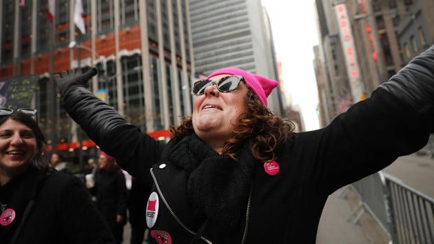 A woman wearing a ‘pussyhat’ gestures during the Women’s March 2018 in New York. (AFP) A woman wearing a ‘pussyhat’ gestures during the Women’s March 2018 in New York. (AFP)