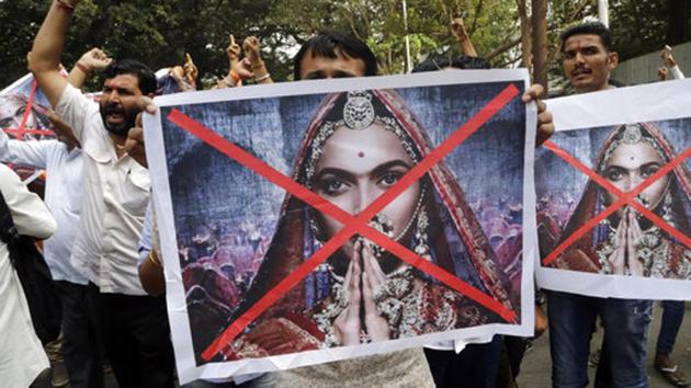 Protesters shout slogans against the release of the Bollywood film "Padmaavat" near the office of Central Board of Film Certification (CBFC) in Mumbai. (AP Photo) Protesters shout slogans against the release of the Bollywood film "Padmaavat" near the office of Central Board of Film Certification (CBFC) in Mumbai. (AP Photo)