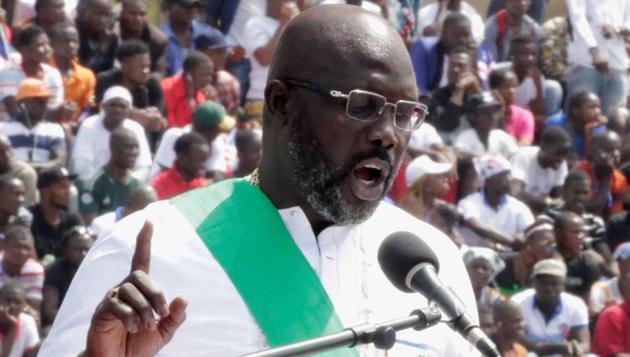 Liberia's president George Weah speaks during his swearing-in ceremony at the Samuel Kanyon Doe Sports Complex in Monrovia, Liberia, on Monday.(REUTERS)