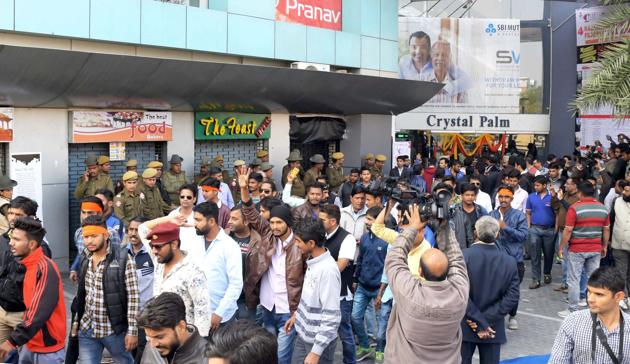 Members of Shri Rajput Karni Sena protest in Jaipur on Monday. (HT Photo) Members of Shri Rajput Karni Sena protest in Jaipur on Monday. (HT Photo)