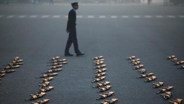 An Indian soldier stands guard next to rifles during a rehearsal for the Republic Day parade in New Delhi on January 22. (Adnan Abidi / REUTERS) An Indian soldier stands guard next to rifles during a rehearsal for the Republic Day parade in New Delhi on January 22. (Adnan Abidi / REUTERS)