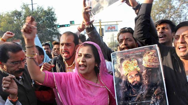 Karni Sena activists stage protest against the release of Padmaavat, in Bhopal. (PTI Photo) Karni Sena activists stage protest against the release of Padmaavat, in Bhopal. (PTI Photo)