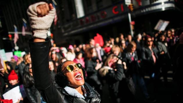 A woman shouts slogans during the Women's March in New York City. The demonstrations come at a time of reckoning for many in Hollywood, the media and other industries as women speak out about sexual misconduct and inequity in general. (Kena Betancur / AFP) A woman shouts slogans during the Women's March in New York City. The demonstrations come at a time of reckoning for many in Hollywood, the media and other industries as women speak out about sexual misconduct and inequity in general. (Kena Betancur / AFP)