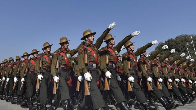 Marching contingent of Ladakh Scouts during the Republic Day parade rehearsal at Rajpath in Delhi on Sunday. (PTI) Marching contingent of Ladakh Scouts during the Republic Day parade rehearsal at Rajpath in Delhi on Sunday. (PTI)