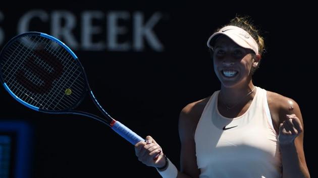 Madison Keys celebrates beating France's Caroline Garcia in their women's singles fourth round match on day eight of the Australian Open tennis tournament in Melbourne on Monday. (AFP) 