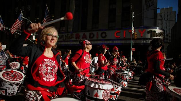 Members of a marching drum band march in New York during the Womens March. Speakers at the New York rally included activist and actress Rosie Perez and entertainer Whoopi Goldberg, who emphasized that “we are here to say -- as women -- we’re not taking it anymore.” (Kena Betanchur / AFP) Members of a marching drum band march in New York during the Womens March. Speakers at the New York rally included activist and actress Rosie Perez and entertainer Whoopi Goldberg, who emphasized that “we are here to say -- as women -- we’re not taking it anymore.” (Kena Betanchur / AFP)
