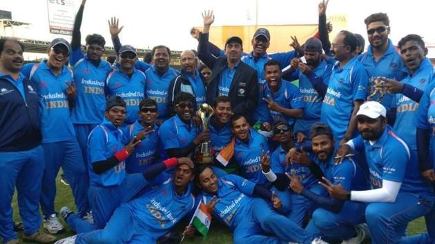India defeated Pakistan by two wickets to lift their second Blind Cricket World Cup title in Sharjah on Saturday. (Twitter) India defeated Pakistan by two wickets to lift their second Blind Cricket World Cup title in Sharjah on Saturday. (Twitter)
