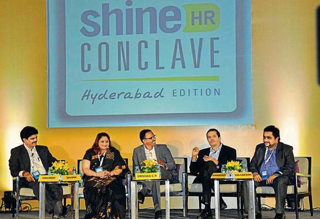 From left: Venka Reddy, global HR partner, Infosys Limited, Ekta Singh, vice-president, HR, Capgemini, Sriniwas CR, associate director, Accenture, Hrishikesh Mulay, director-HR, Cognizant and Manoj Kumar Sharma, head-HR, Gulf Oil Corporation at the 51st Shine HR Conclave, Hyderabad. From left: Venka Reddy, global HR partner, Infosys Limited, Ekta Singh, vice-president, HR, Capgemini, Sriniwas CR, associate director, Accenture, Hrishikesh Mulay, director-HR, Cognizant and Manoj Kumar Sharma, head-HR, Gulf Oil Corporation at the 51st Shine HR Conclave, Hyderabad.
