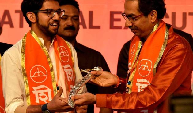 Shiv Sena chief Uddhav Thackeray’s son Aaditya was elevated in the party hierarchy on Tuesday at the party’s national executive meeting held at the NSCI, Worli.(Anshuman Poyrekar/HT Photo) Shiv Sena chief Uddhav Thackeray’s son Aaditya was elevated in the party hierarchy on Tuesday at the party’s national executive meeting held at the NSCI, Worli.(Anshuman Poyrekar/HT Photo)