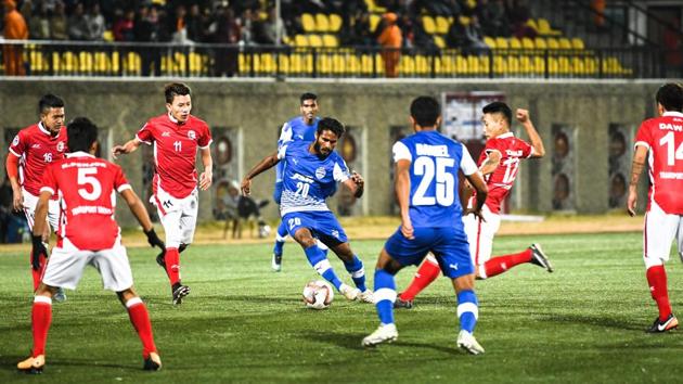 Bengaluru FC and Transport United’s AFC Cup match in progress at Thimphu. (HT Photo) Bengaluru FC and Transport United’s AFC Cup match in progress at Thimphu. (HT Photo)