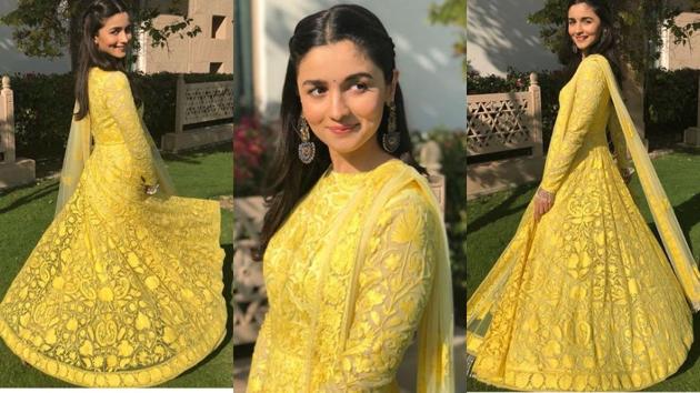 Actor Alia Bhatt wore a twirl-worthy Manish Malhotra ensemble at her best friend Kripa Mehta’s mehendi ceremony in Jodhpur on Saturday.(Instagram/ stylebyami)